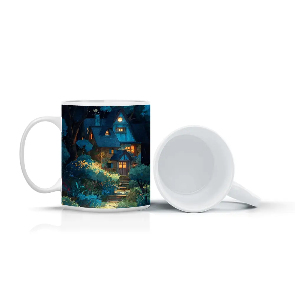 Cozy Cottage in Moonlit Forest Night – Mugs