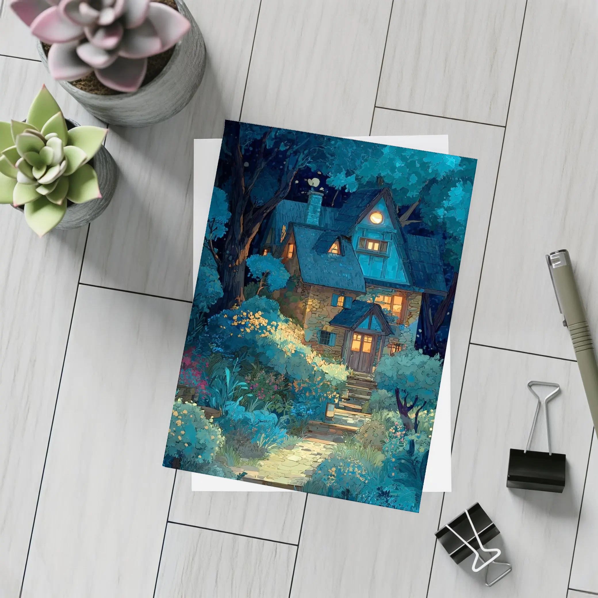 Cozy Cottage in Moonlit Forest Night – Postcards