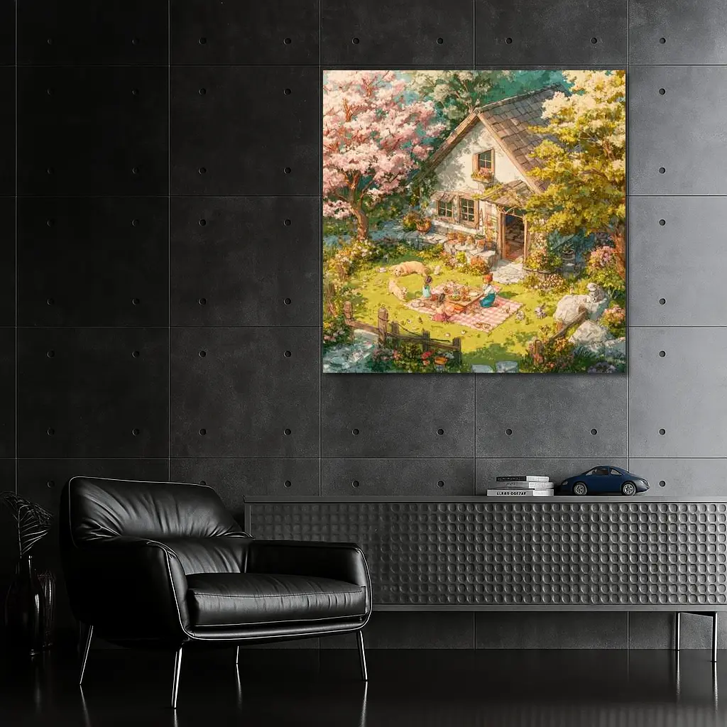 Anime Cottage Garden Picnic Spring Scene – Wall Art
