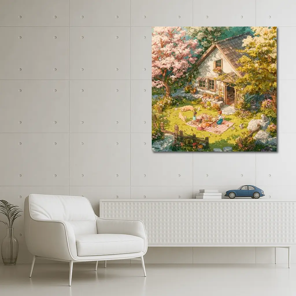 Anime Cottage Garden Picnic Spring Scene – Wall Art