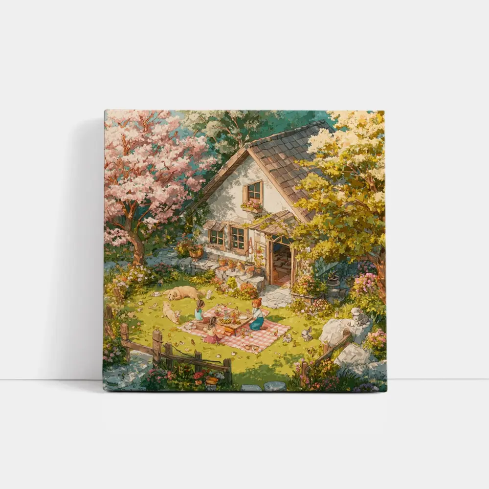 Anime Cottage Garden Picnic Spring Scene – Wall Art