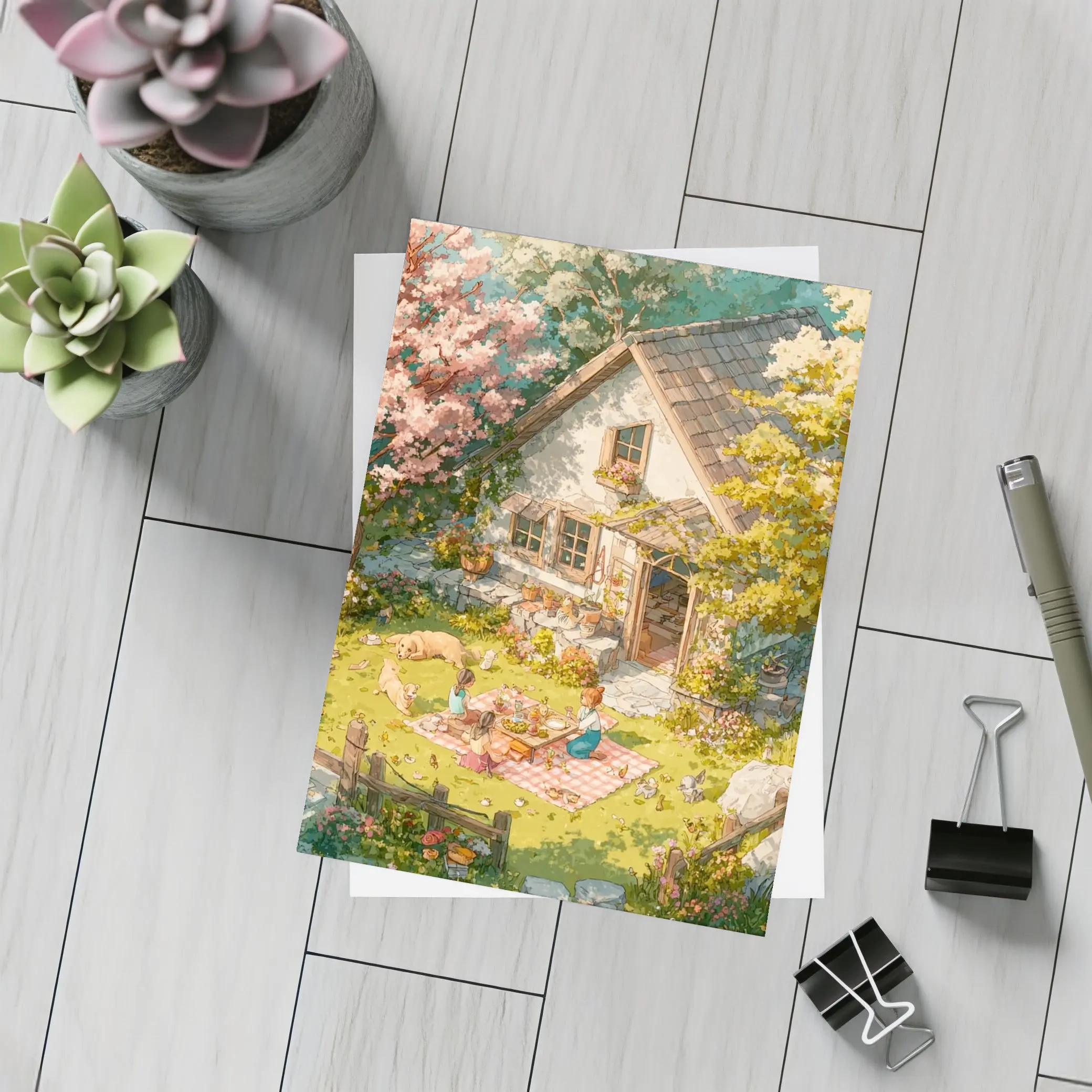 Anime Cottage Garden Picnic Spring Scene – Postcards
