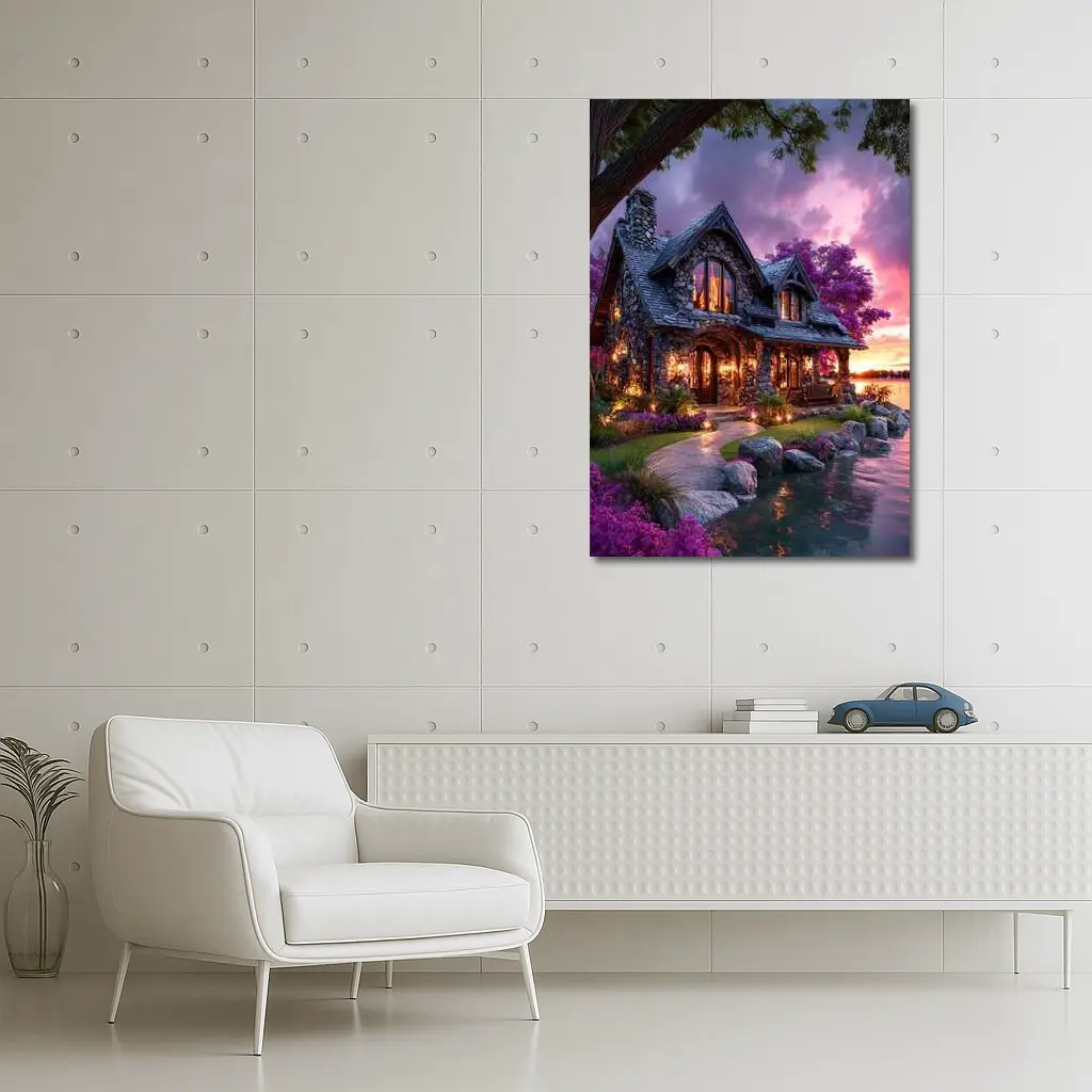 Stone Cottage by Lake at Purple Sunset – Wall Art