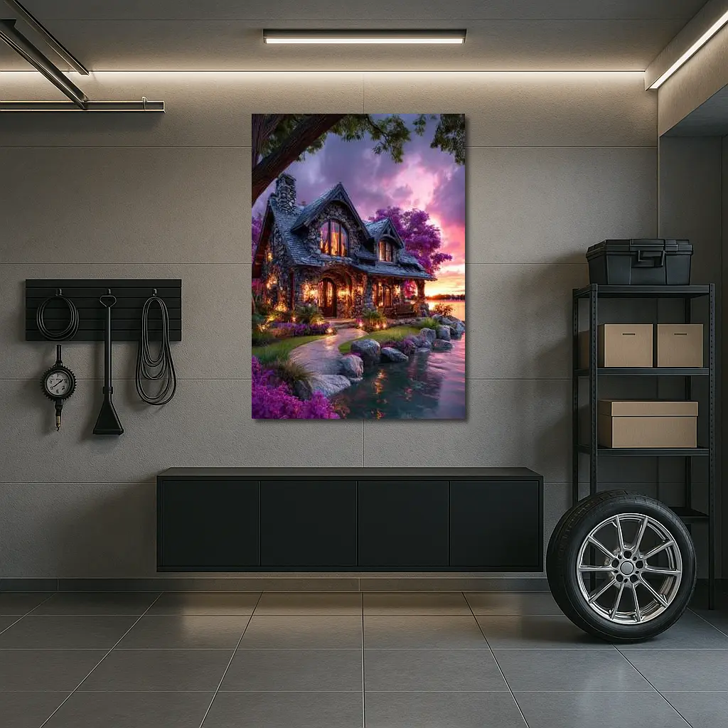 Stone Cottage by Lake at Purple Sunset – Wall Art