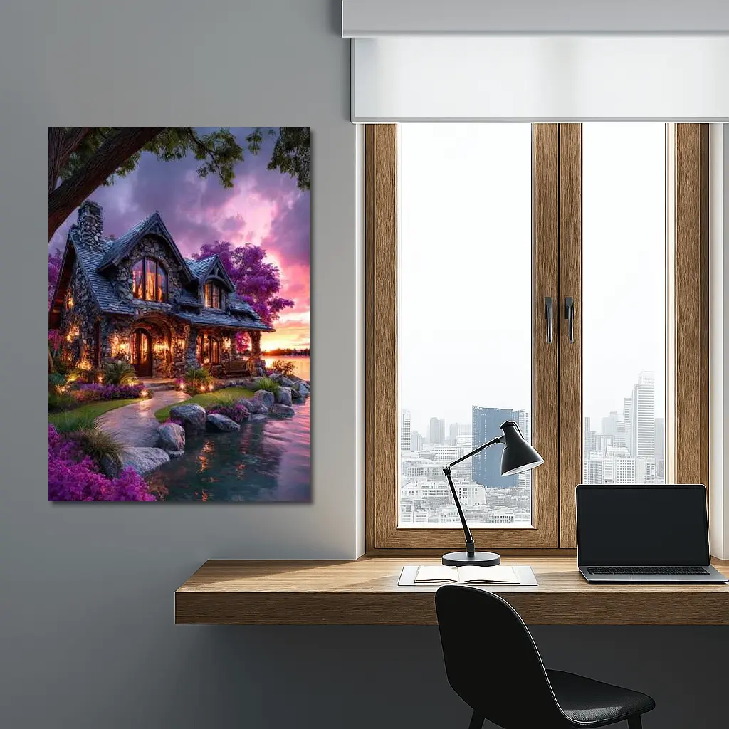 Stone Cottage by Lake at Purple Sunset – Wall Art