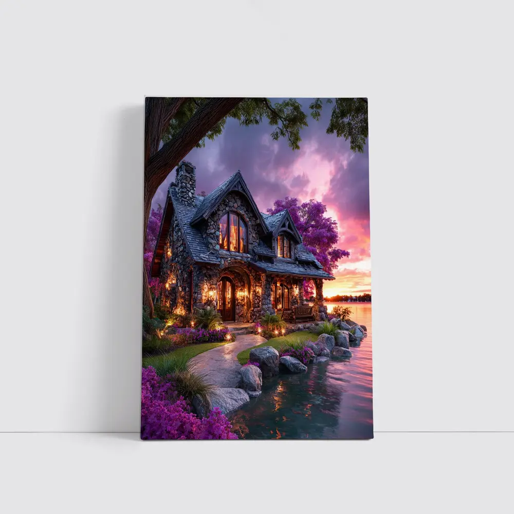 Stone Cottage by Lake at Purple Sunset – Wall Art