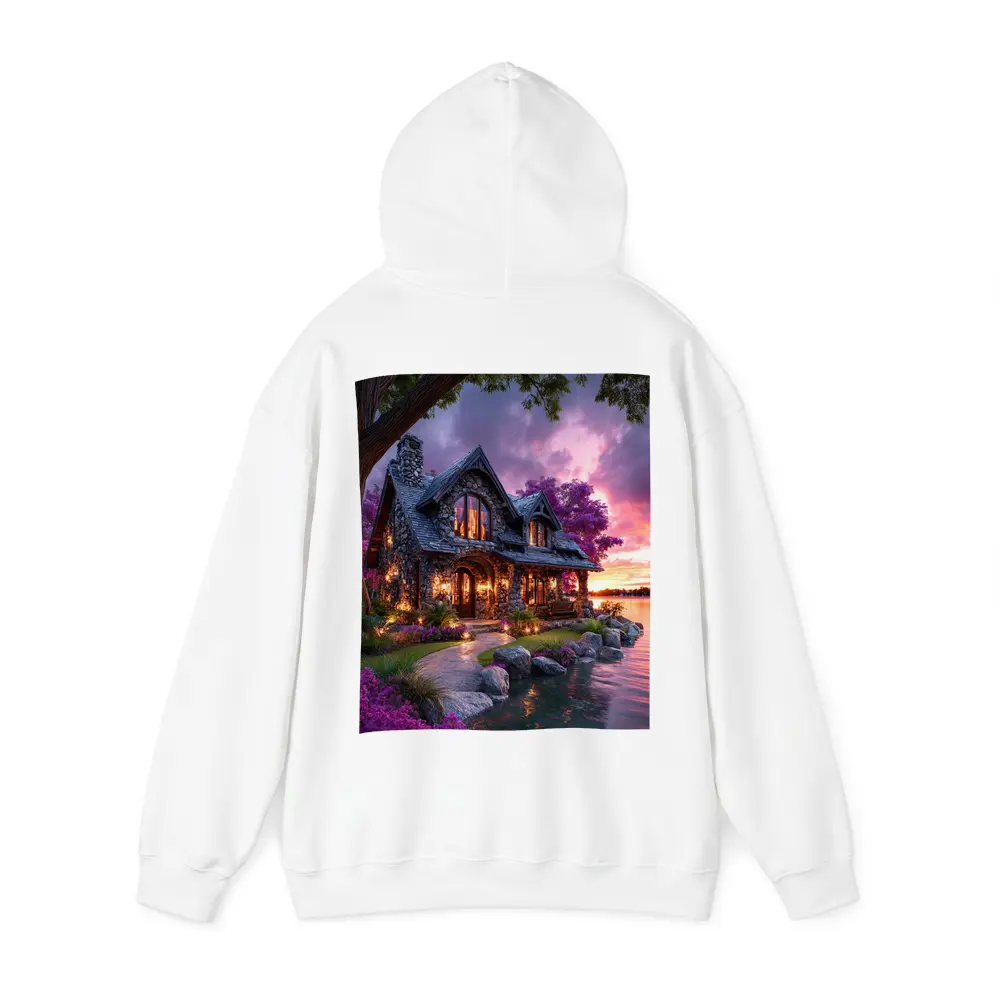 Stone Cottage by Lake at Purple Sunset – Hoodies