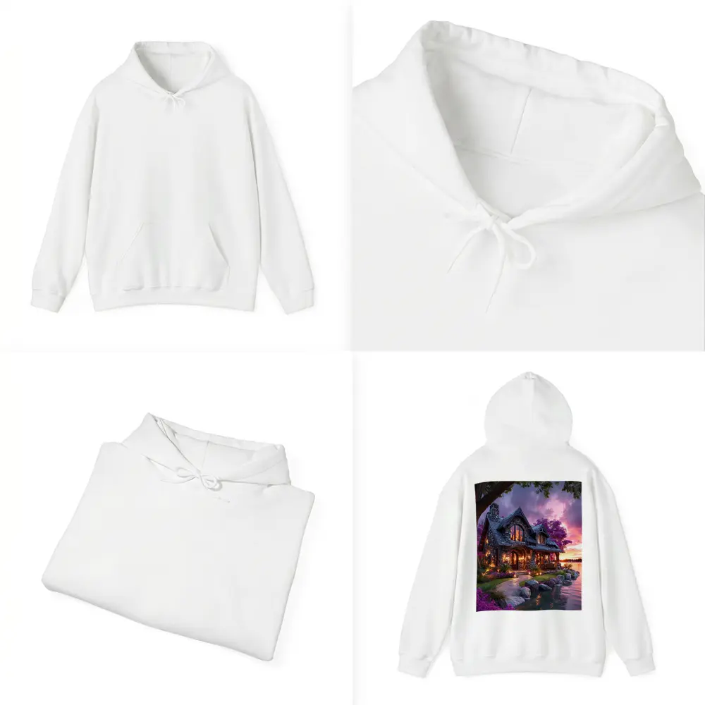 Stone Cottage by Lake at Purple Sunset – Hoodies