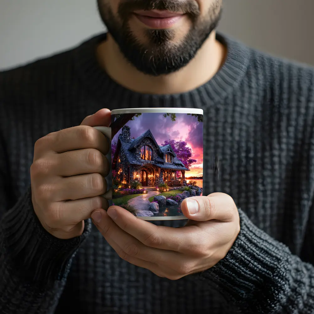 Stone Cottage by Lake at Purple Sunset – Mugs