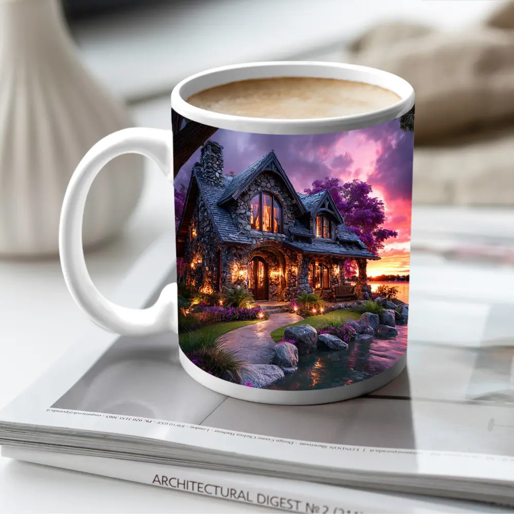 Stone Cottage by Lake at Purple Sunset – Mugs