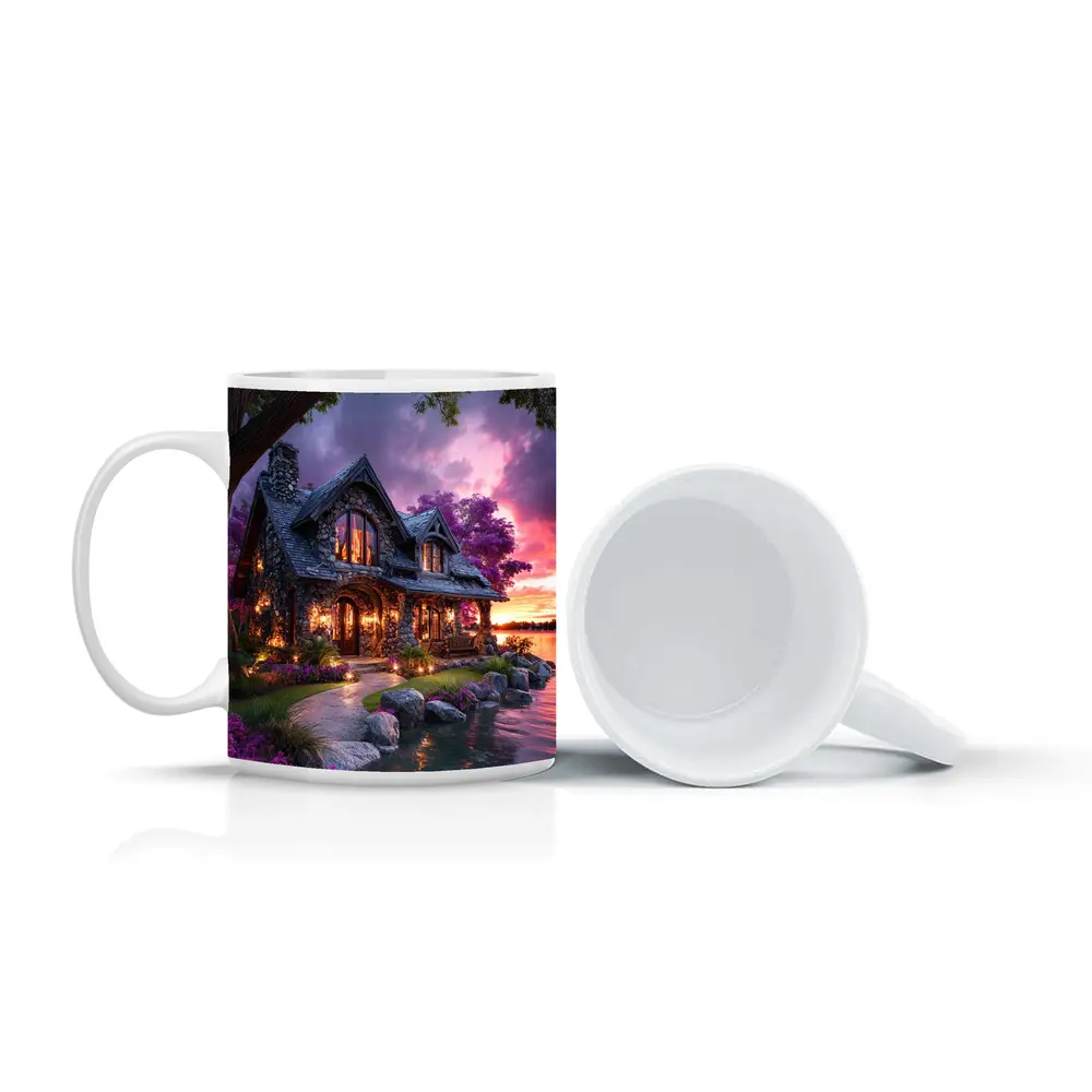 Stone Cottage by Lake at Purple Sunset – Mugs