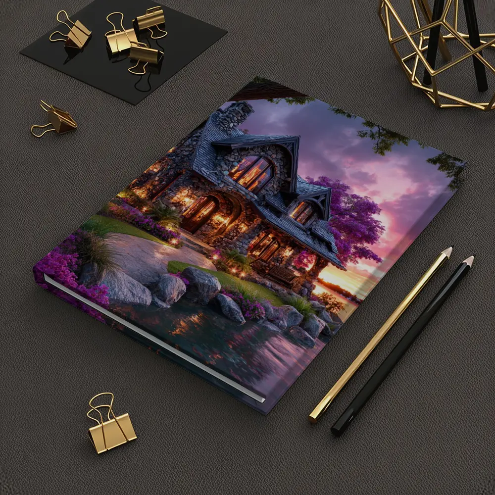 Stone Cottage by Lake at Purple Sunset – Notebooks