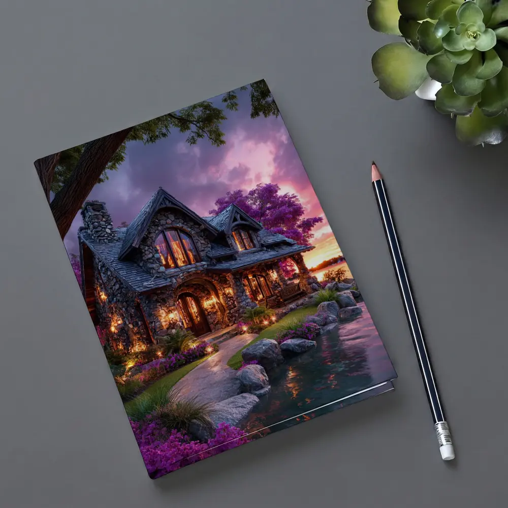 Stone Cottage by Lake at Purple Sunset – Notebooks
