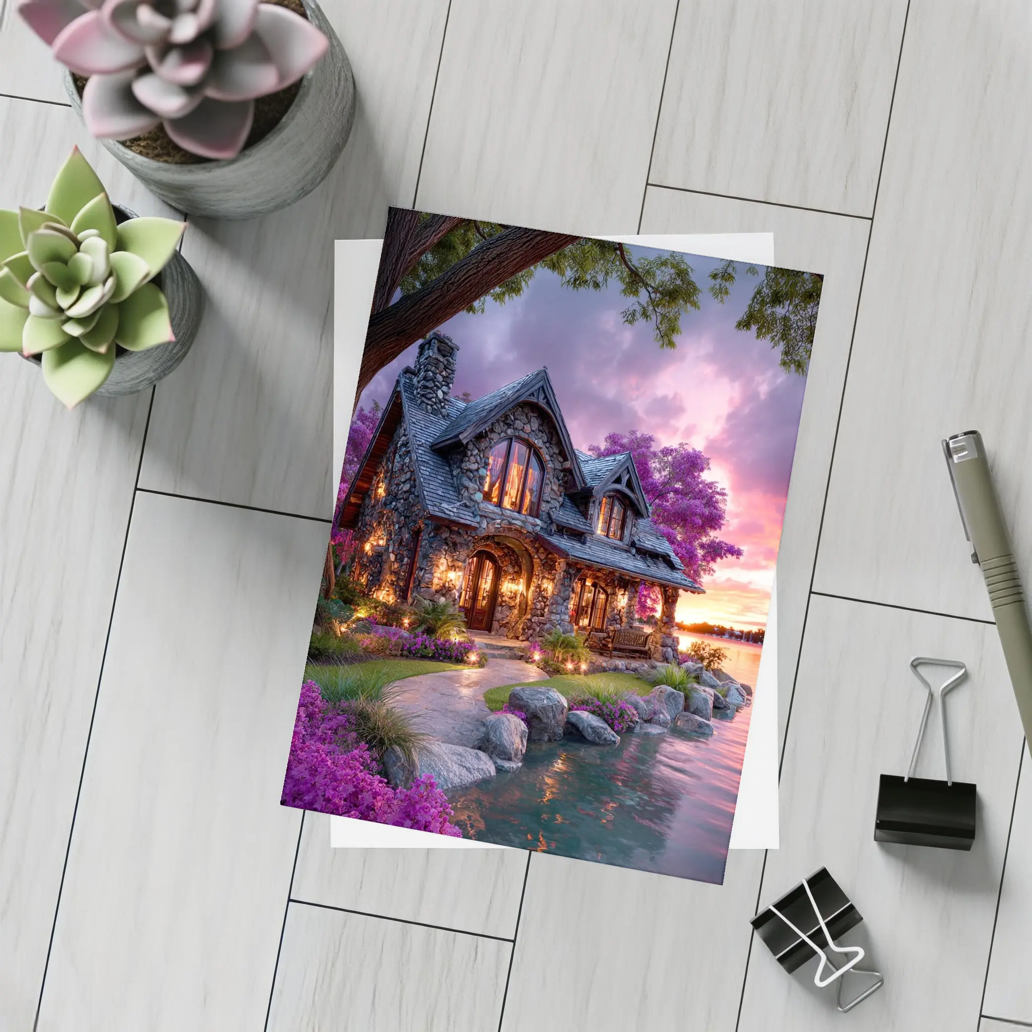Stone Cottage by Lake at Purple Sunset – Postcards