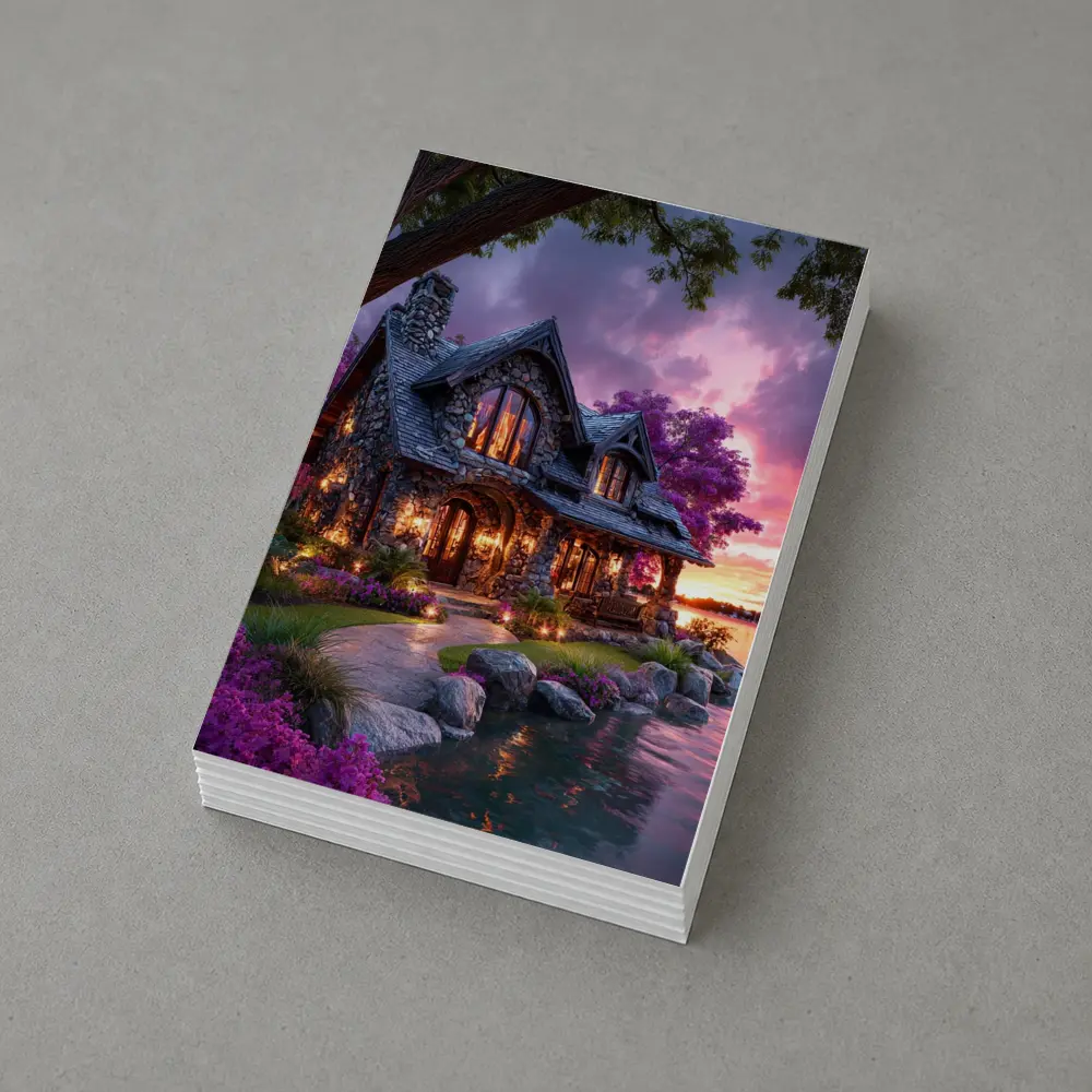 Stone Cottage by Lake at Purple Sunset – Postcards