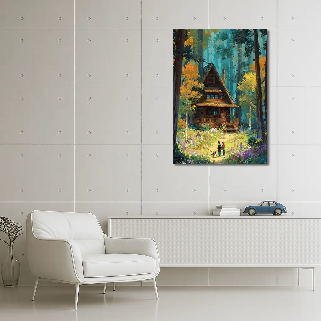 Anime Cabin in Forest with Children – Wall Art
