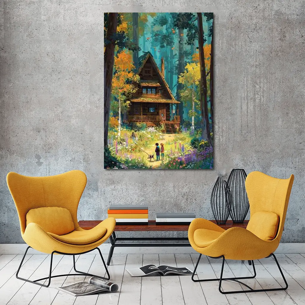 Anime Cabin in Forest with Children – Wall Art