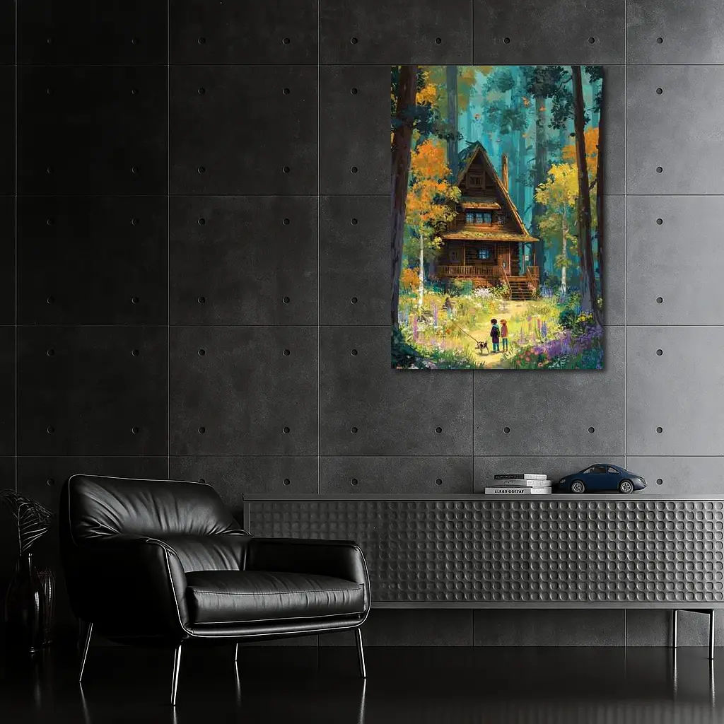Anime Cabin in Forest with Children – Wall Art