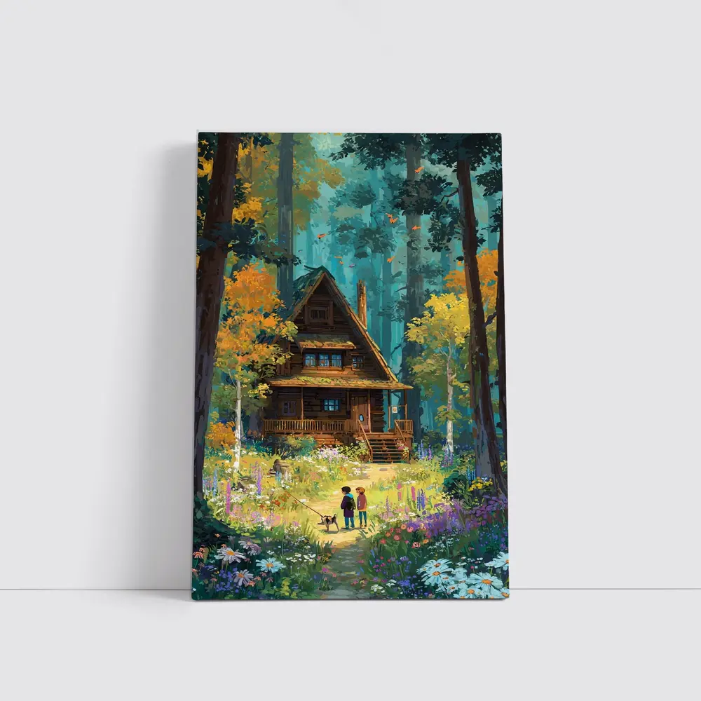 Anime Cabin in Forest with Children – Wall Art