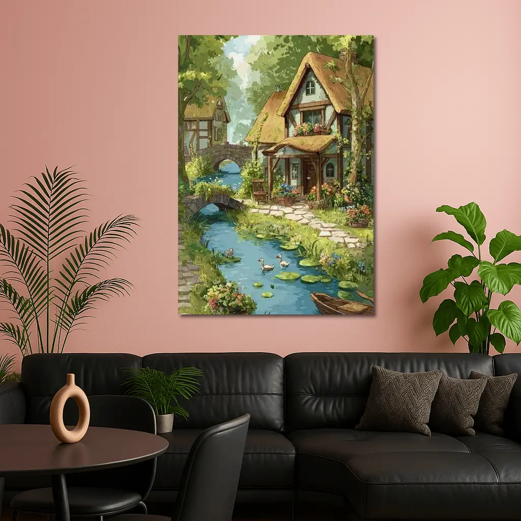 Cottagecore Thatched Cottage River Ducks Illustration – Wall Art