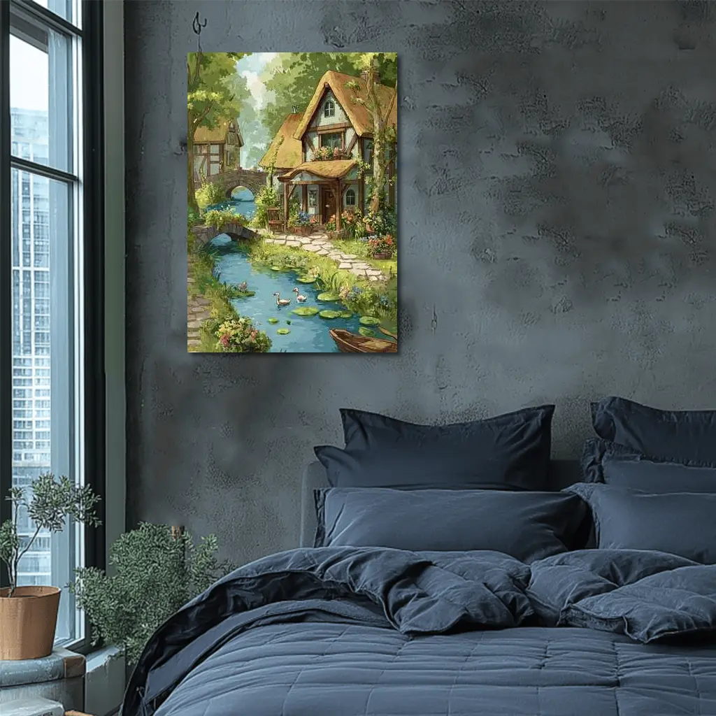 Cottagecore Thatched Cottage River Ducks Illustration – Wall Art