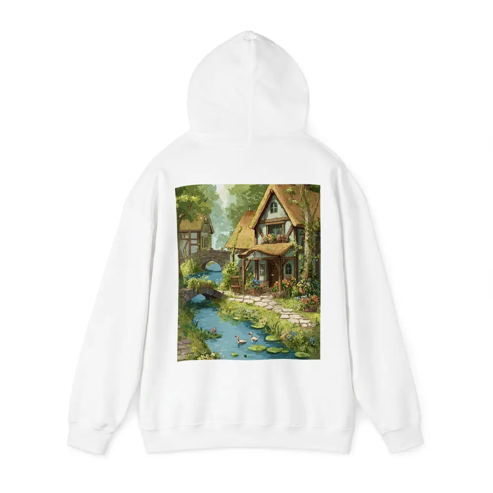 Cottagecore Thatched Cottage River Ducks Illustration – Hoodies