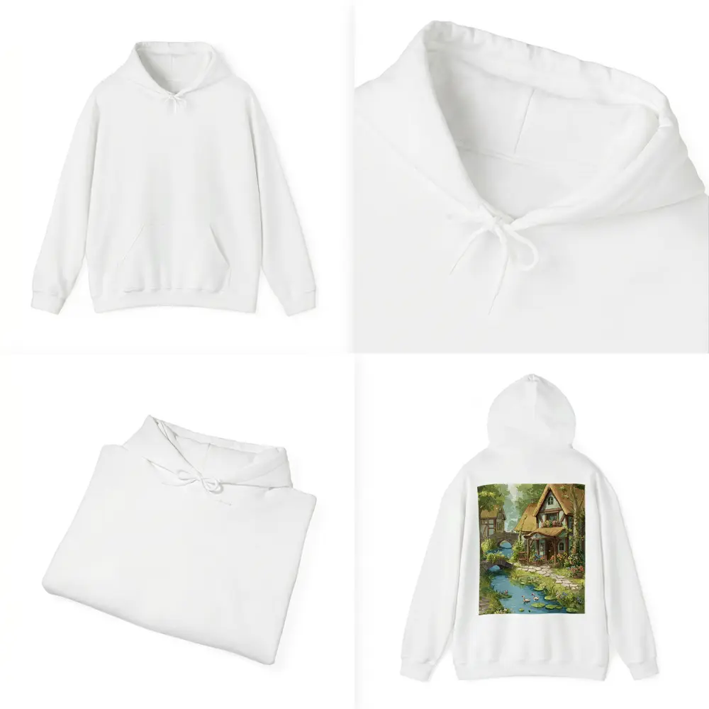 Cottagecore Thatched Cottage River Ducks Illustration – Hoodies