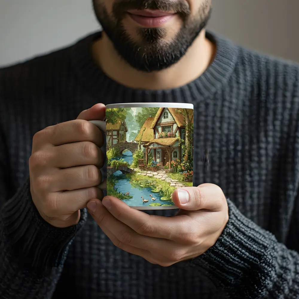 Cottagecore Thatched Cottage River Ducks Illustration – Mugs