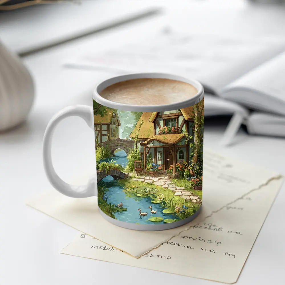 Cottagecore Thatched Cottage River Ducks Illustration – Mugs