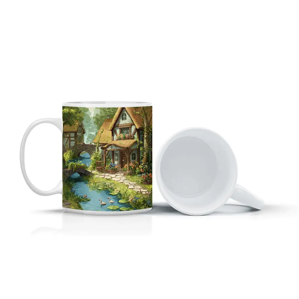 Cottagecore Thatched Cottage River Ducks Illustration – Mugs