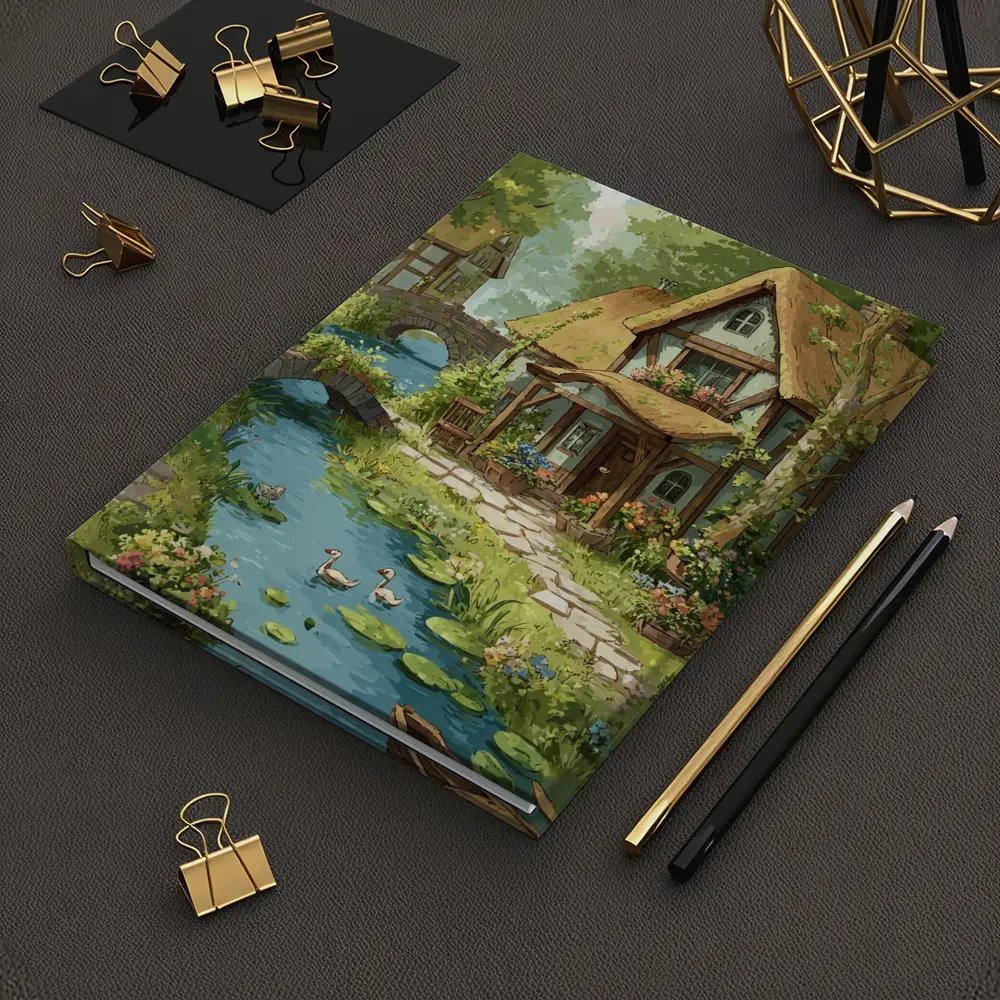 Cottagecore Thatched Cottage River Ducks Illustration – Notebooks