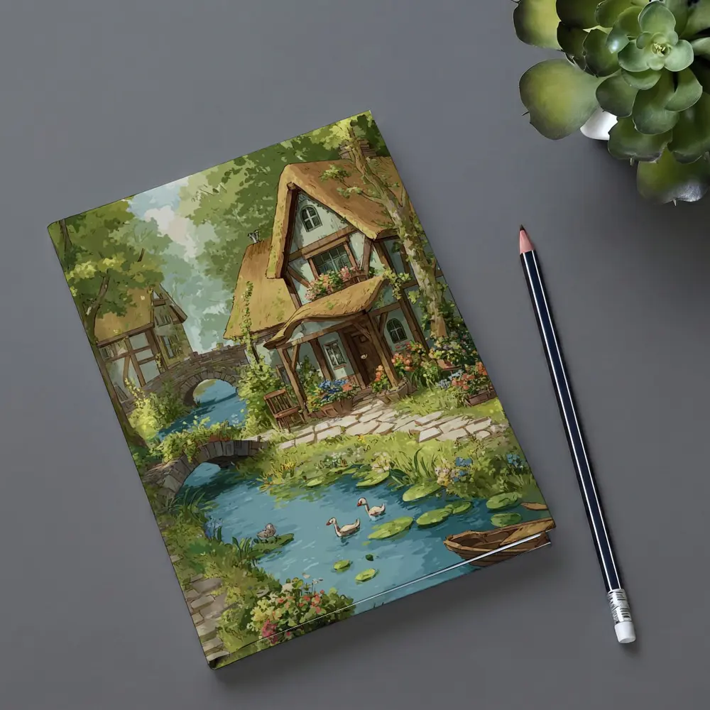 Cottagecore Thatched Cottage River Ducks Illustration – Notebooks