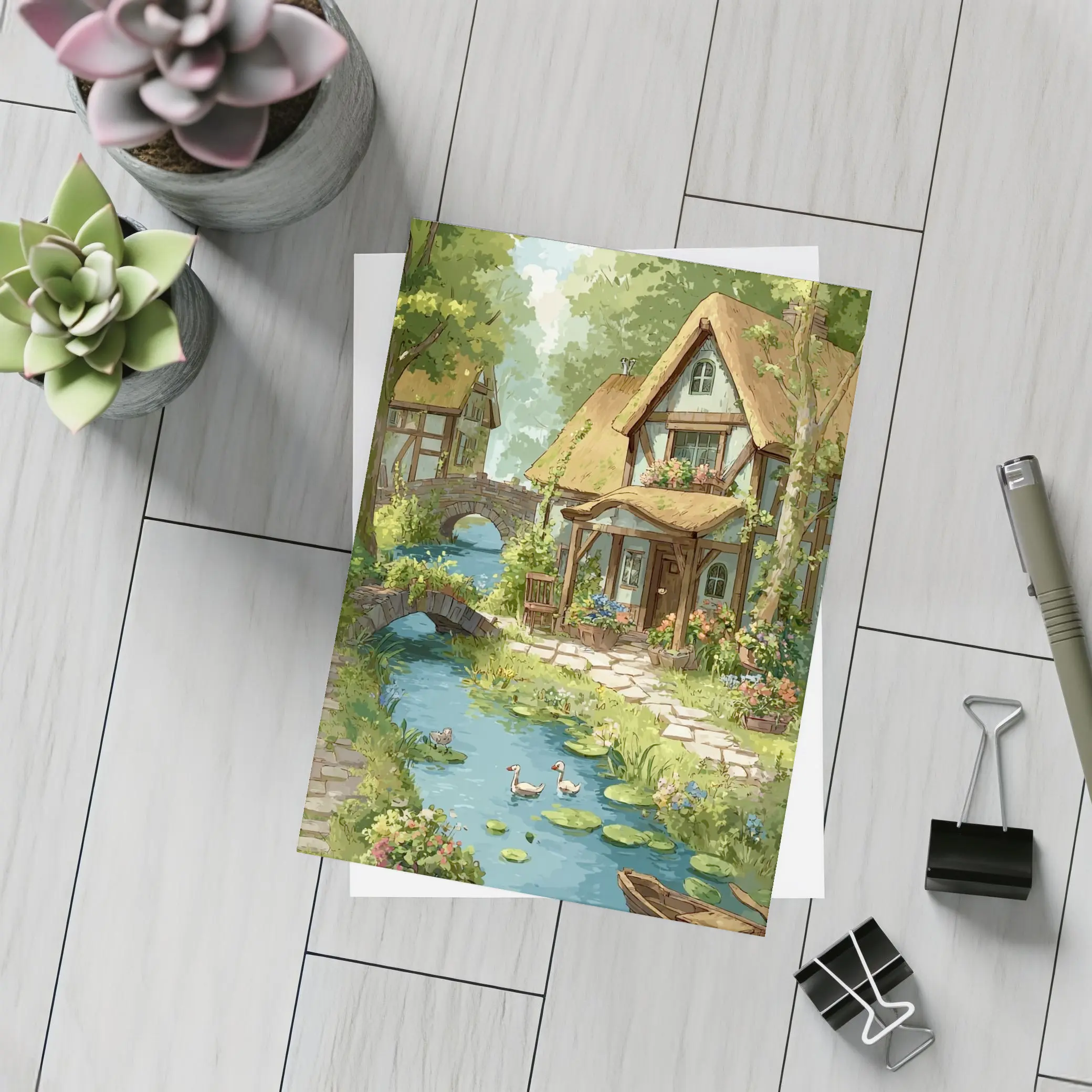 Cottagecore Thatched Cottage River Ducks Illustration – Postcards