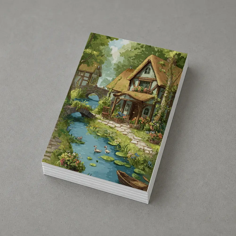 Cottagecore Thatched Cottage River Ducks Illustration – Postcards
