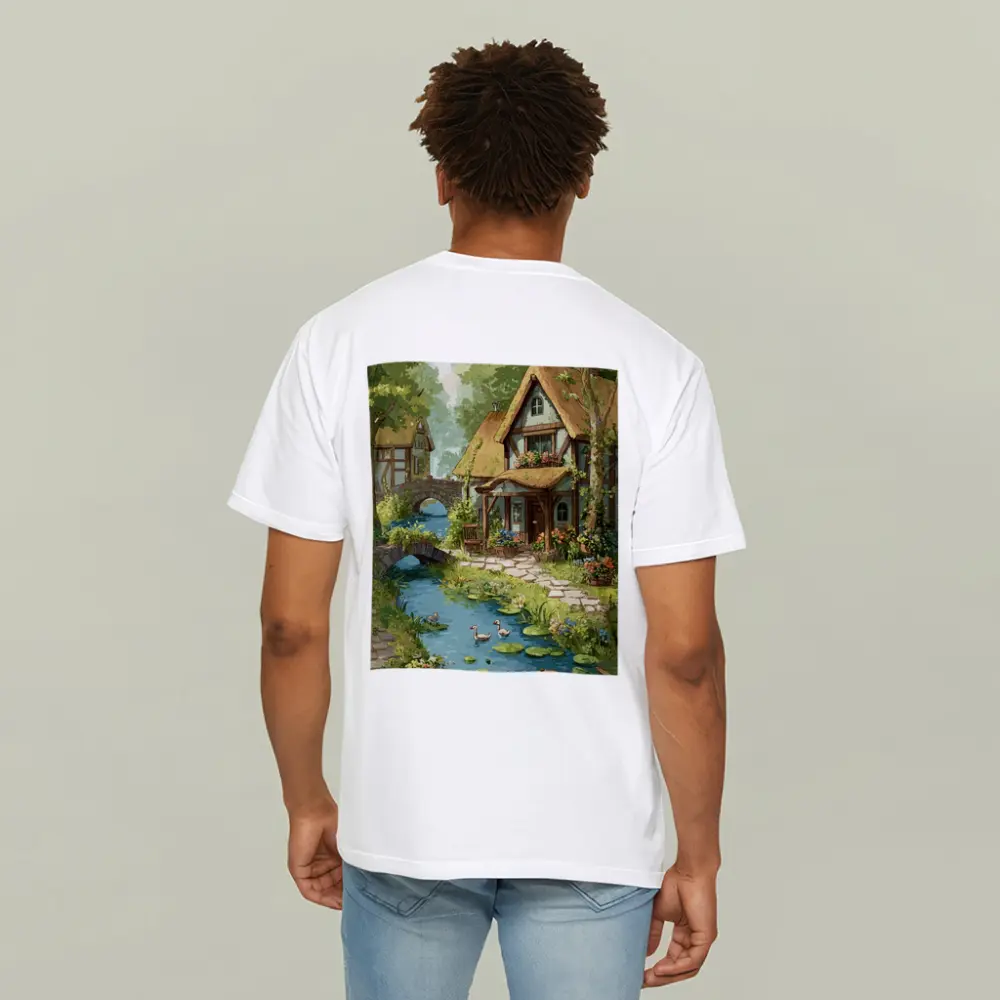 Cottagecore Thatched Cottage River Ducks Illustration – T-Shirts