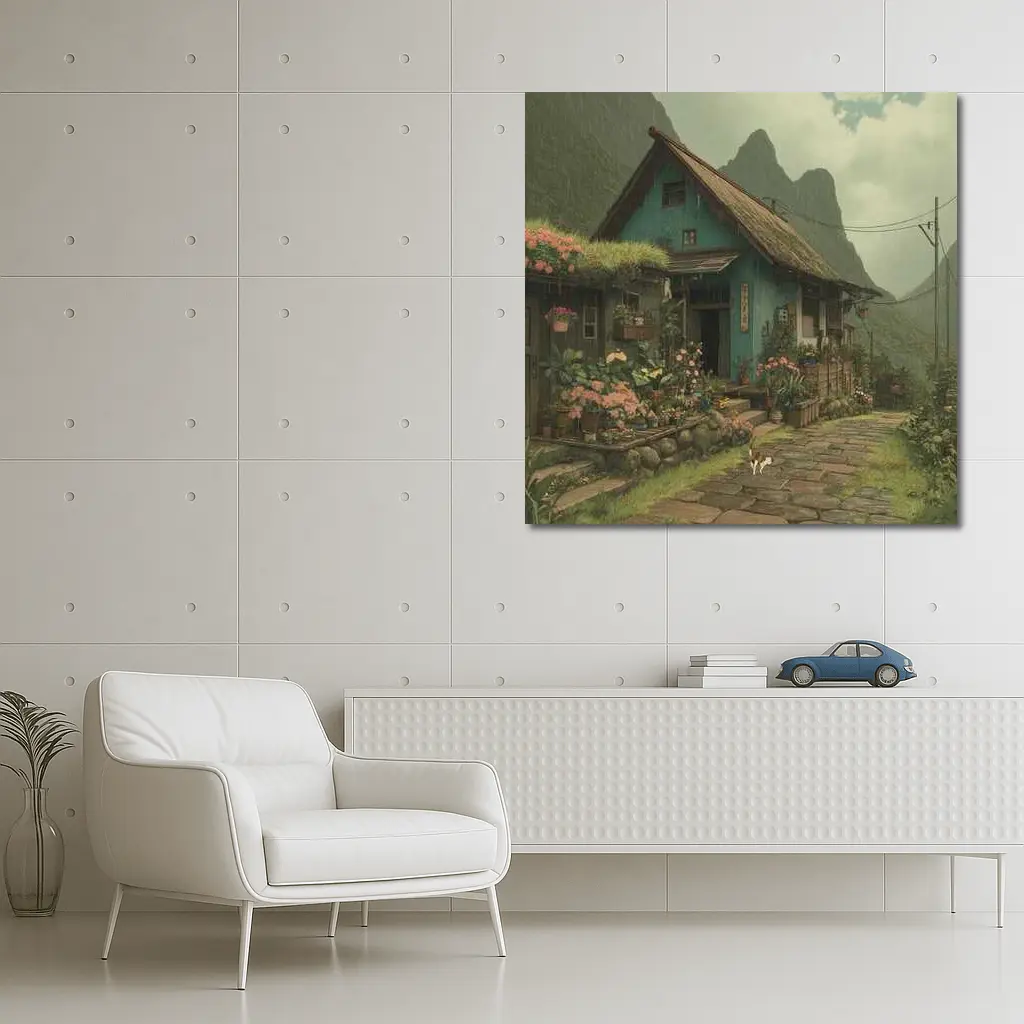 Anime Cottage Garden Rainy Mountain Village – Wall Art