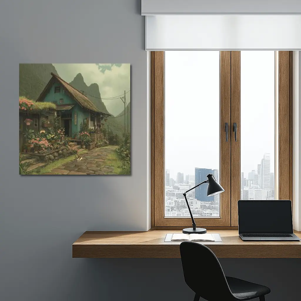 Anime Cottage Garden Rainy Mountain Village – Wall Art