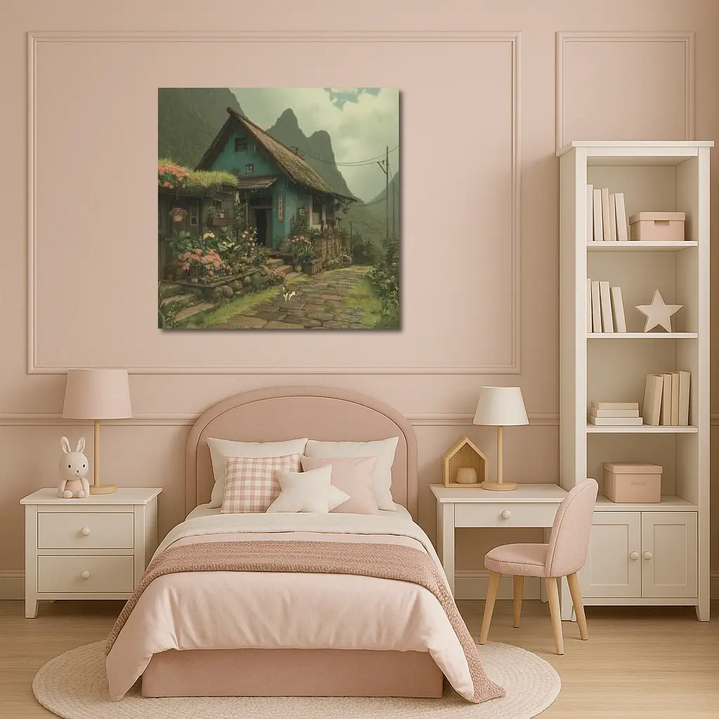 Anime Cottage Garden Rainy Mountain Village – Wall Art