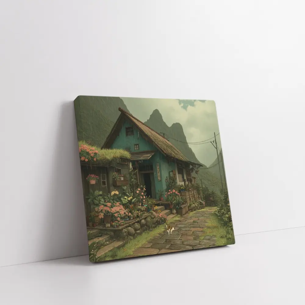 Anime Cottage Garden Rainy Mountain Village – Wall Art
