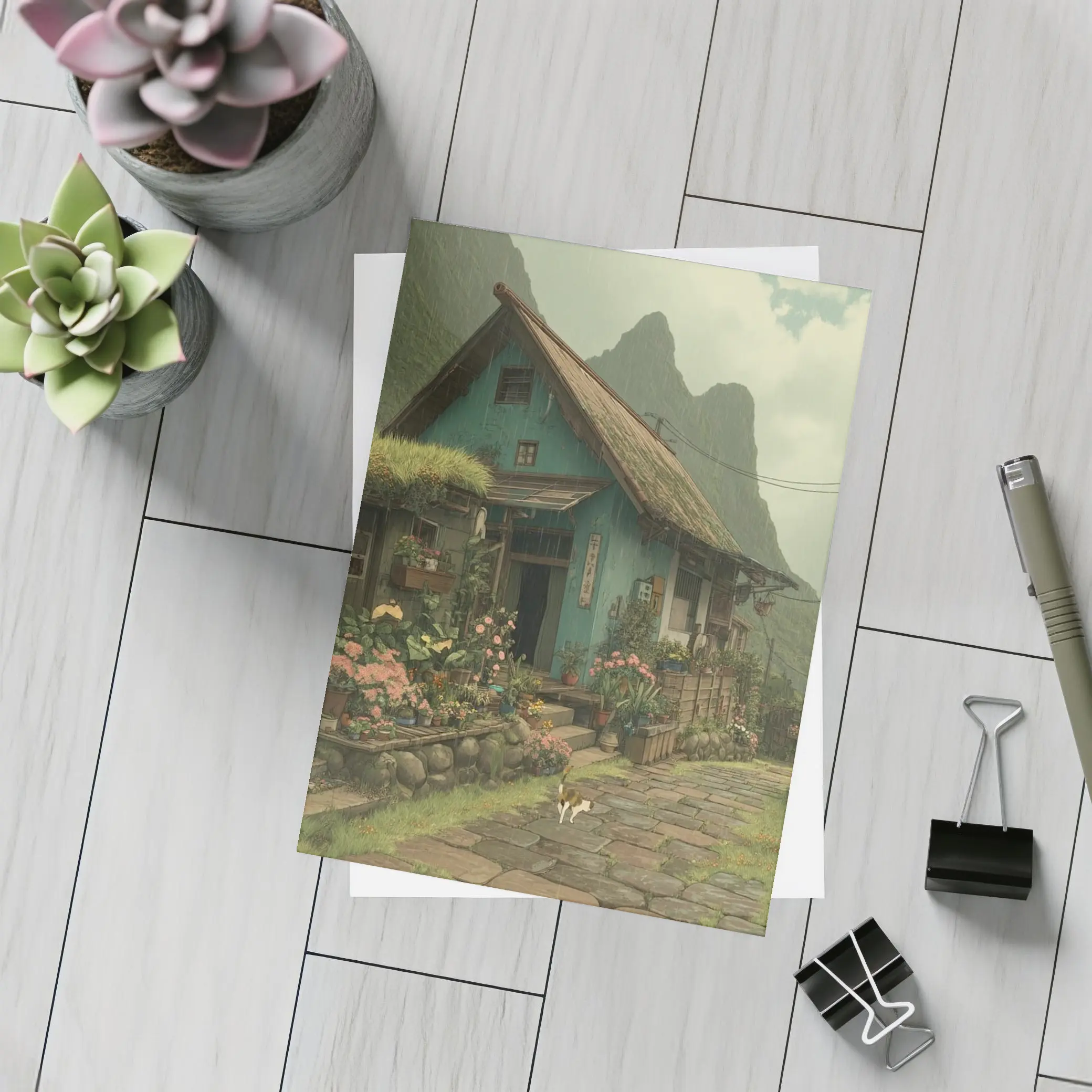 Anime Cottage Garden Rainy Mountain Village – Postcards