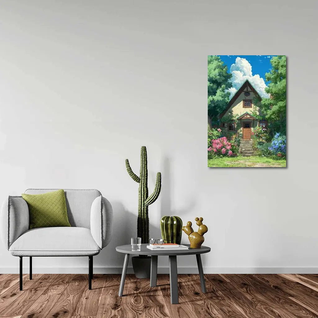 Anime Cottage House Surrounded by Lush Garden – Wall Art