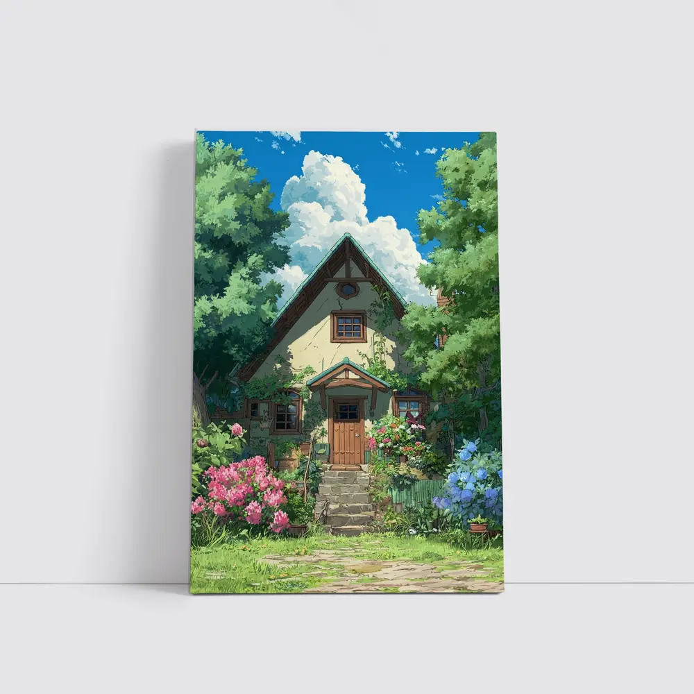 Anime Cottage House Surrounded by Lush Garden – Wall Art
