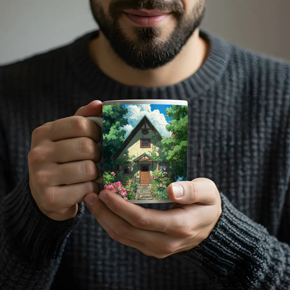 Anime Cottage House Surrounded by Lush Garden – Mugs