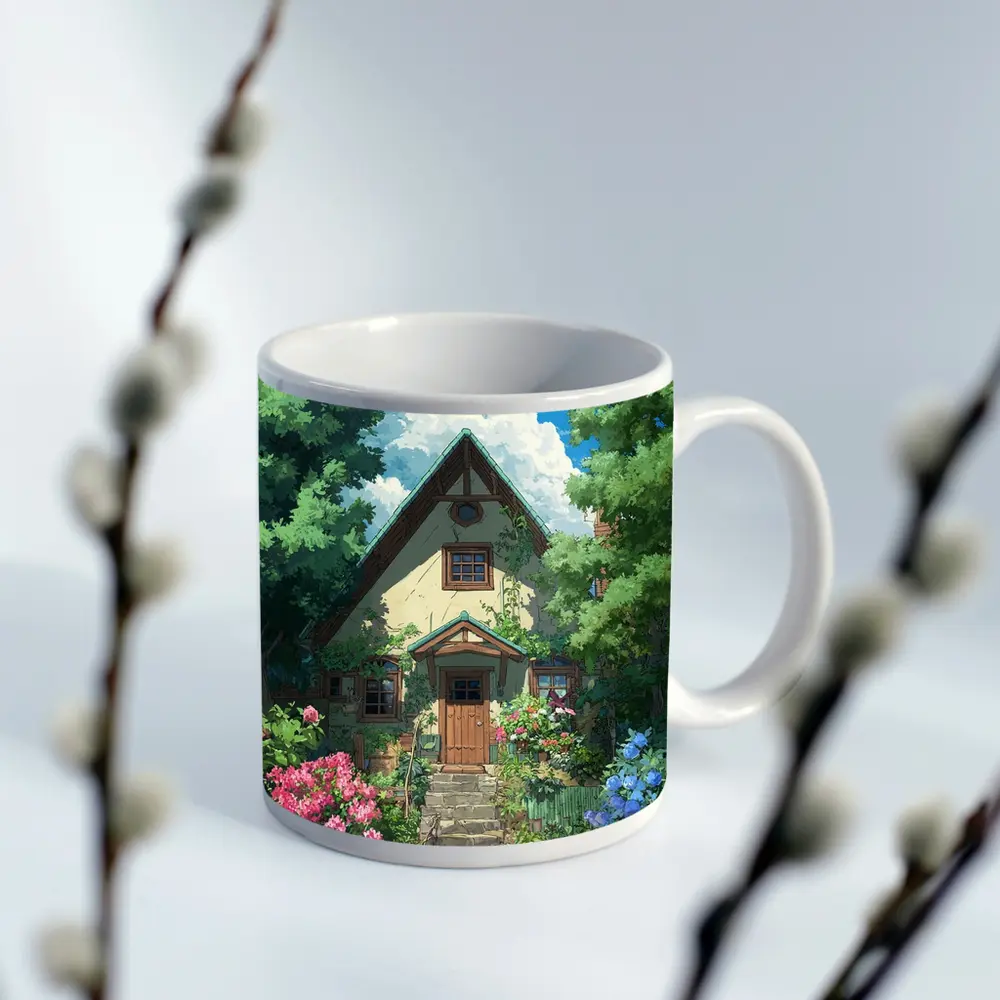 Anime Cottage House Surrounded by Lush Garden – Mugs