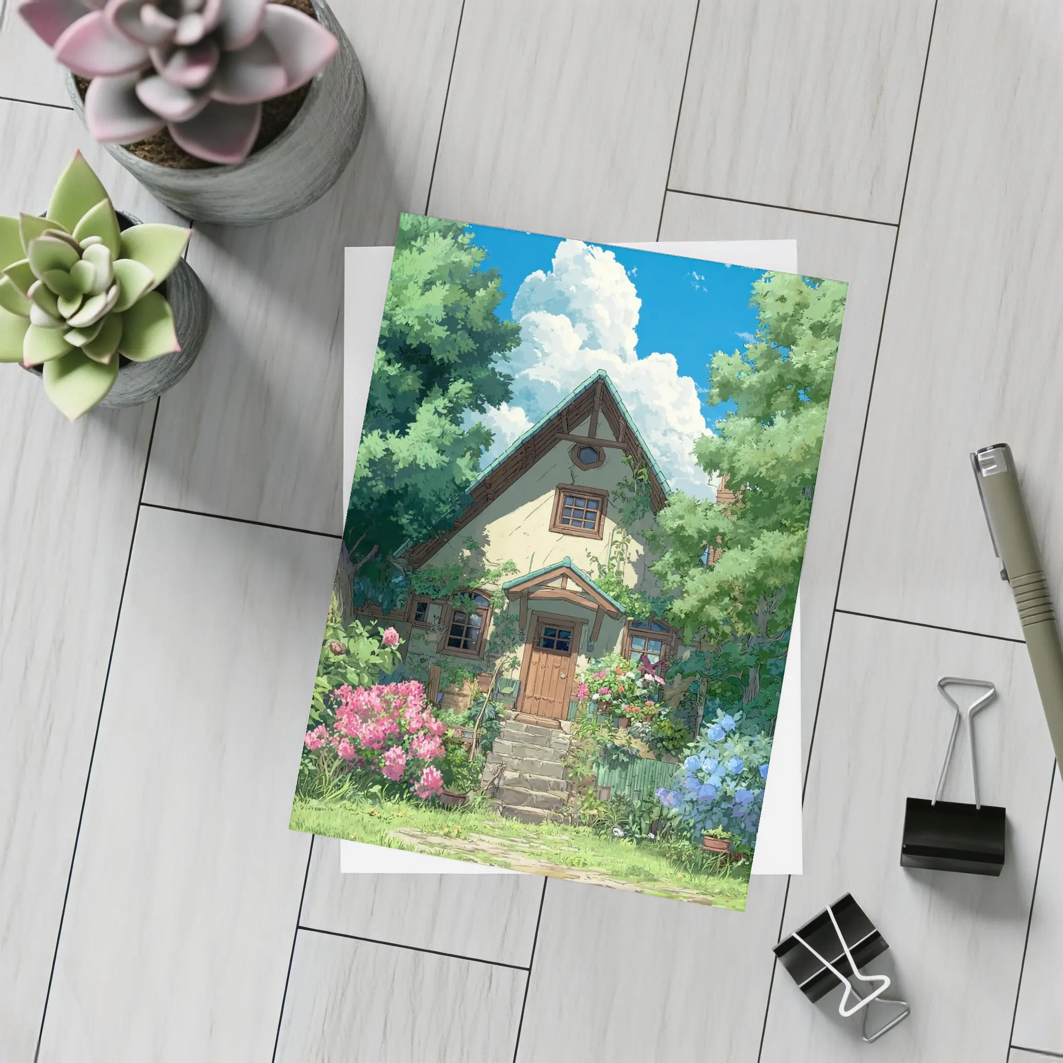 Anime Cottage House Surrounded by Lush Garden – Postcards