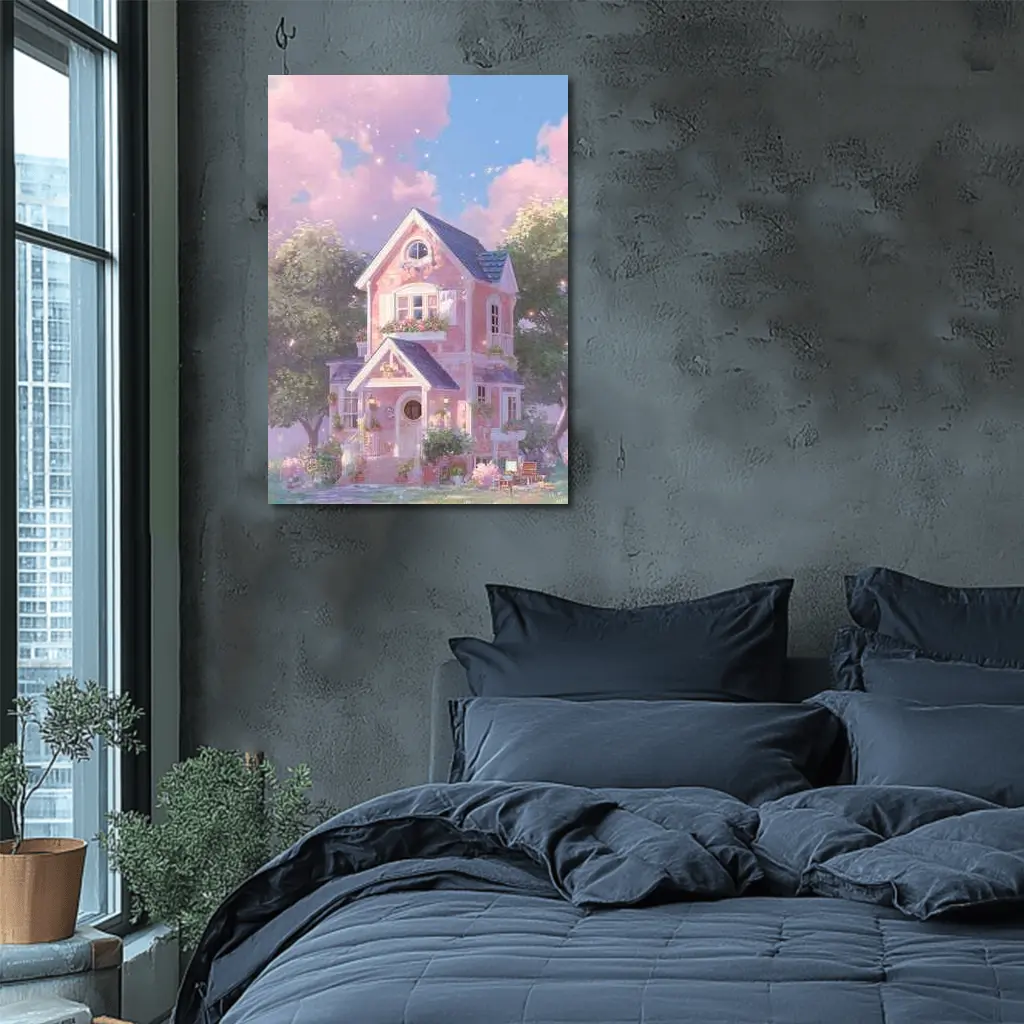 Pink Cottage House Dreamy Pastel Sky – Wall Art