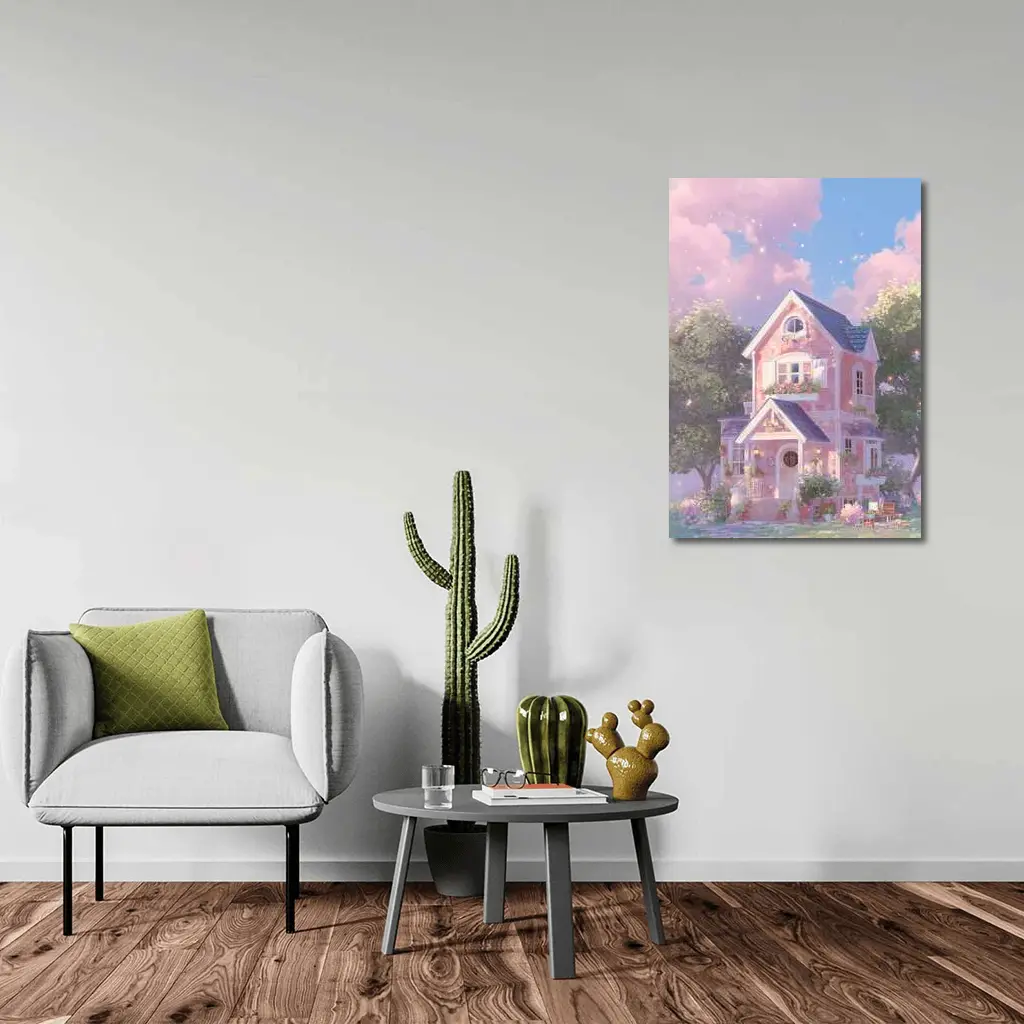 Pink Cottage House Dreamy Pastel Sky – Wall Art