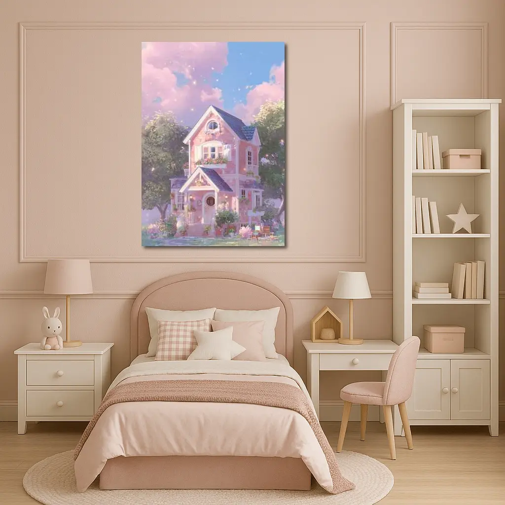 Pink Cottage House Dreamy Pastel Sky – Wall Art