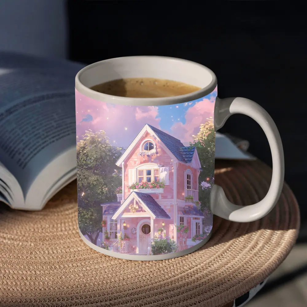 Pink Cottage House Dreamy Pastel Sky – Mugs