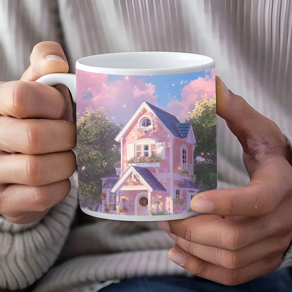 Pink Cottage House Dreamy Pastel Sky – Mugs